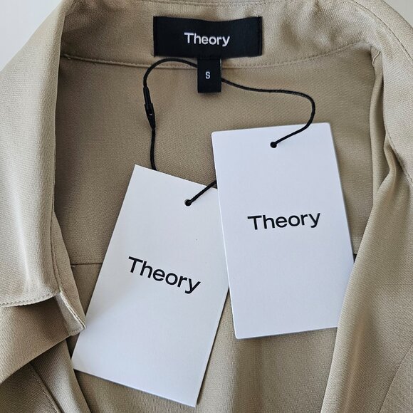 NWT THEORY Taupe Brown Silk Classic Fitted LS Blouse Shirt Top Small - Picture 7 of 7